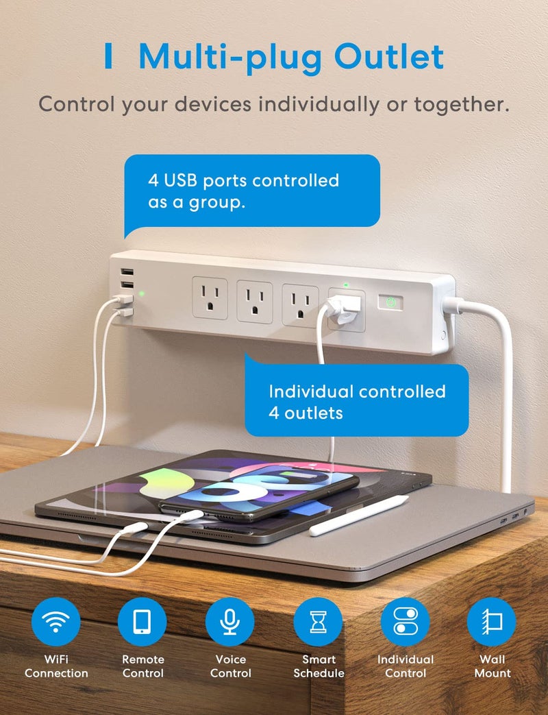 Meross Smart Power Strip Compatible with Apple HomeKit, Siri, Alexa, Google Home and SmartThings, WiFi Surge Protector with 4 AC Outlets, 4 USB Ports and 6ft Extension Cord, Voice and Remote Control - Image 3